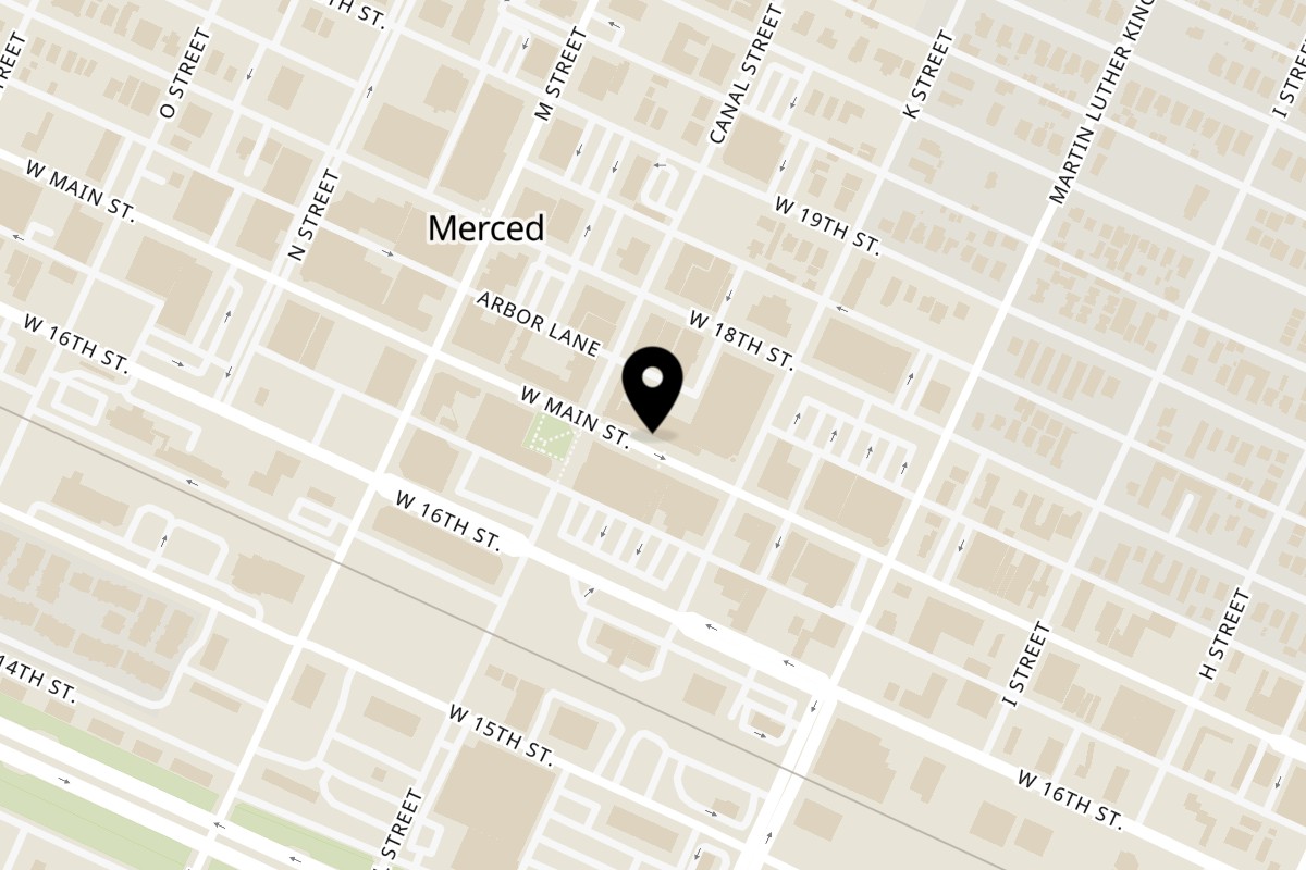 Map showing the location of Little Oven Pizza on 433 W Main St in Merced